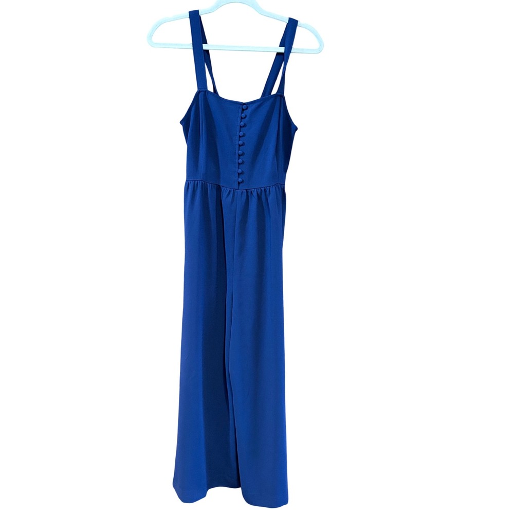 Madewell Navy Blue Smocked Button-Front Cropped Wide Leg Jumpsuit romper Size 00 - Picture 2 of 7
